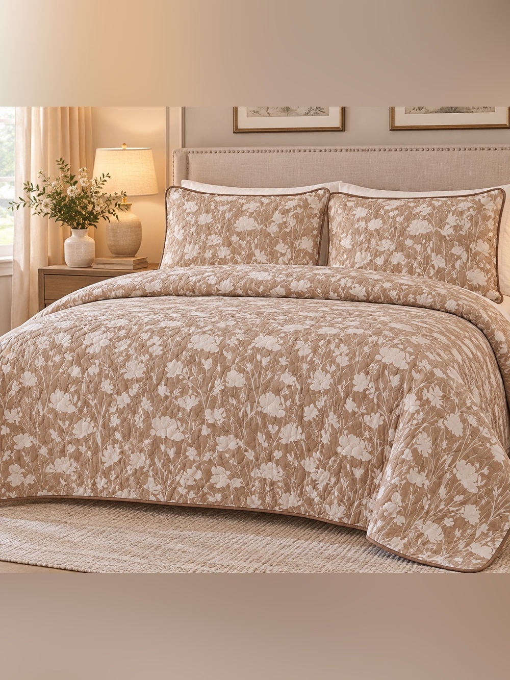 Floral Quilt Set in Taupe and White - Home Bedding